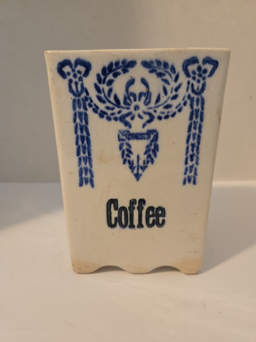 Antique Blue/White Coffee Canister Ceramic Germany. No Lid Vase Shelf Drcor